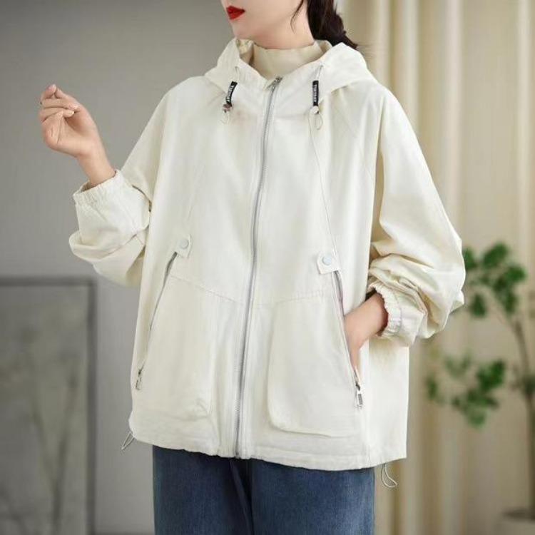 

Vintage Autumn Hooded Coat for Women Loose Casual Long Sleeves Zipper Solid Color Personality Coat One Size белый