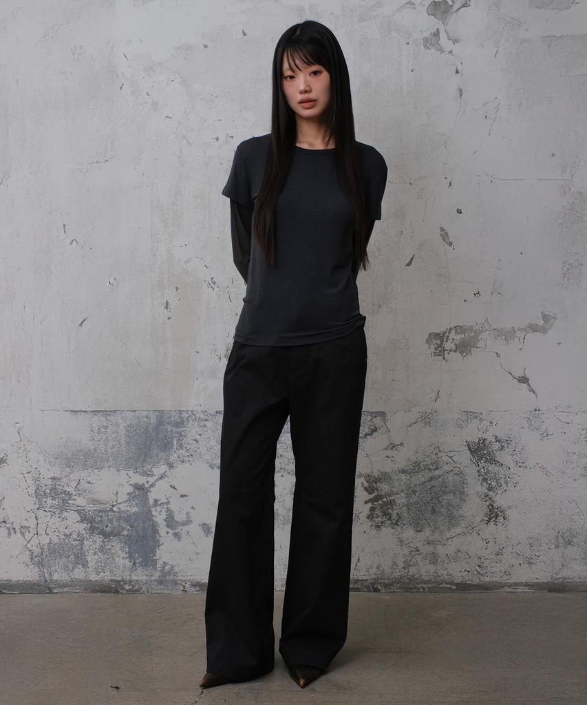Daibeuinumeon Cotton Stripe Semi Flare Pants (Black)