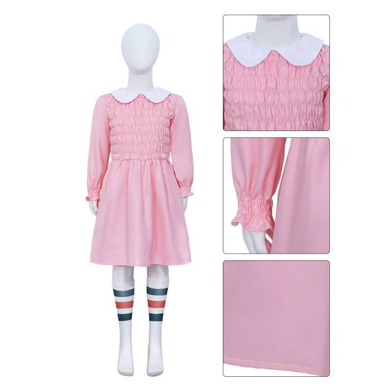 Stranger Things Eleven Cosplay Pink Dress With Polyester Fabric For Kids And Adults