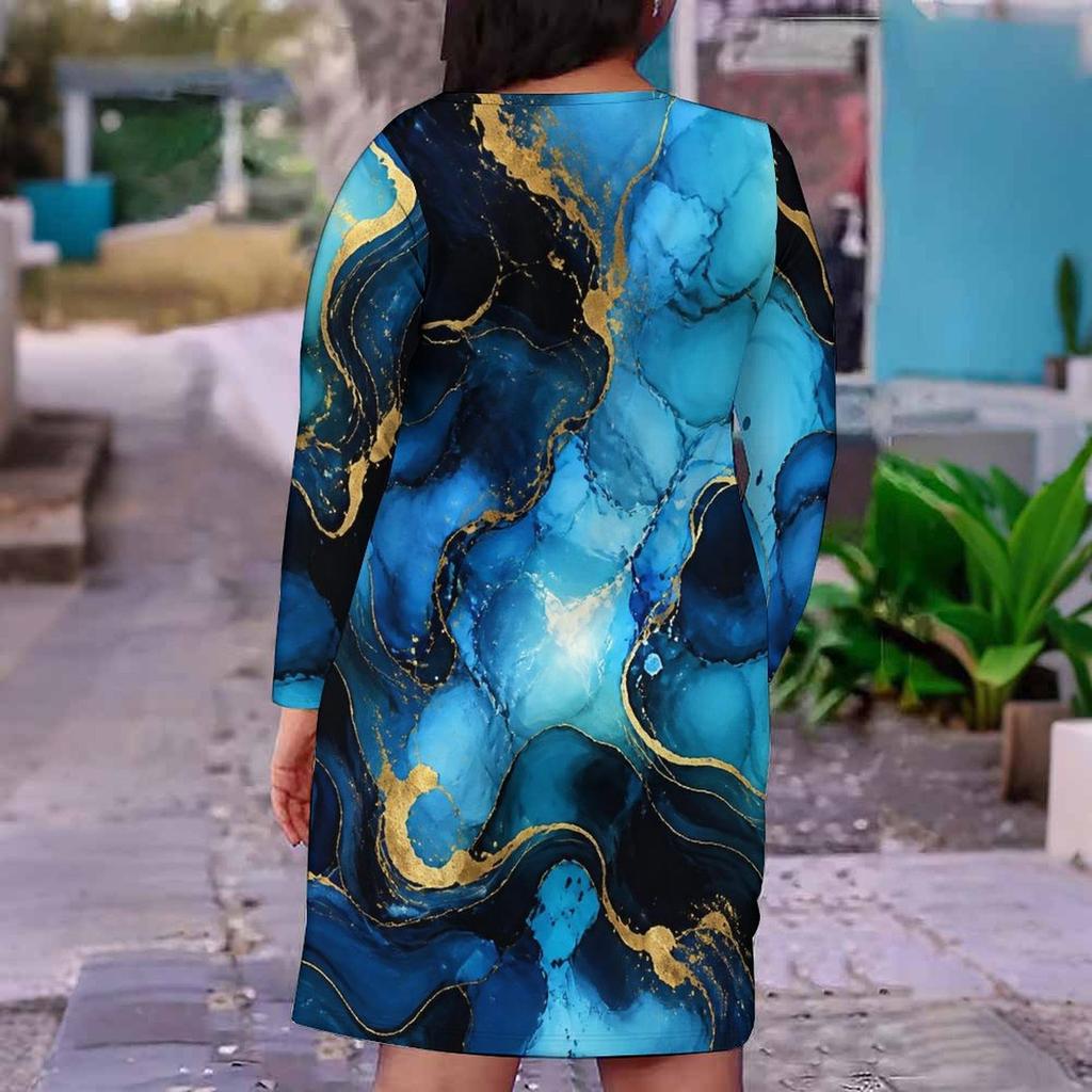 Women Plus Size Marble Print V Neck Long Sleeve Fitted Straight Dress