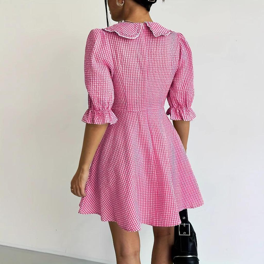 Vintage Women Plaid Mini Bodycon Dress Female Summer Fashion Sweet V-neck Puff Sleeve A-line Casual Loose Office Lady Dresses