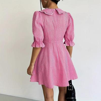 Vintage Women Plaid Mini Bodycon Dress Female Summer Fashion Sweet V-neck Puff Sleeve A-line Casual Loose Office Lady Dresses
