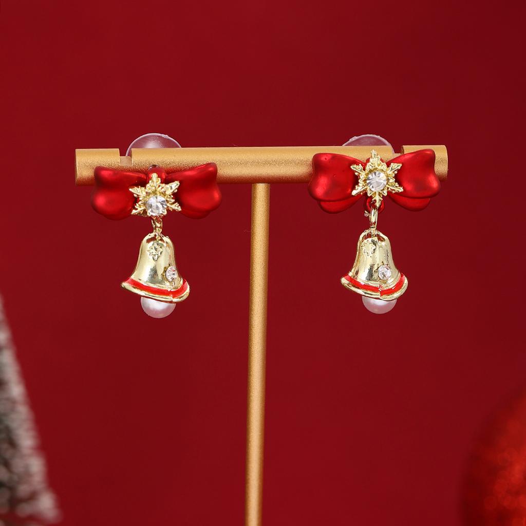 Christmas Diamond-Encrusted Snowflake Bell Pearl Stud Earrings, Light Luxury Design Red Bow New Year'S Earrings