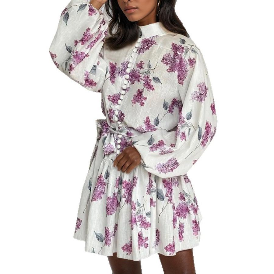 Spring New Arrivals Women's Wear Elegant Fashion Chinese Style Floral Tie-Belt Mini Dress