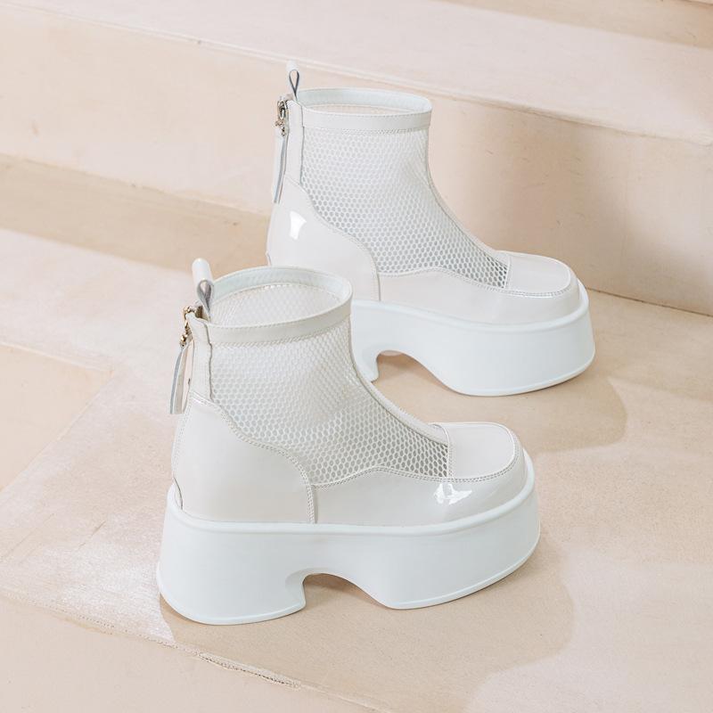 Leather Mesh Martin Boots Women's Thick Soles 2025 New Summer Hollow Breathable Mesh Boots Women's Heightening Boots Short Boots