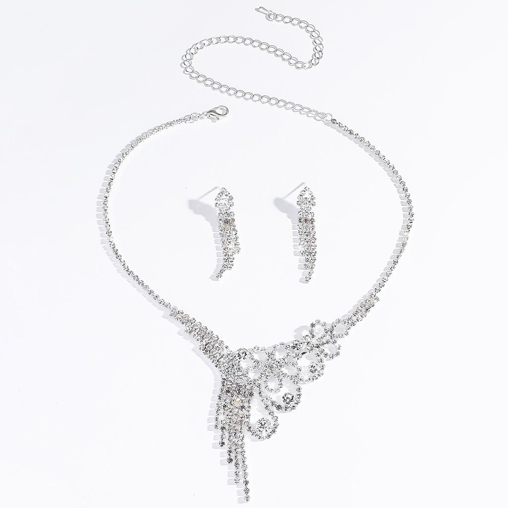 Vintage Full Diamond Pearl Tassel Clavicle Necklace Earrings Set Claw Chain Rhinestone Dress Ladies Necklace