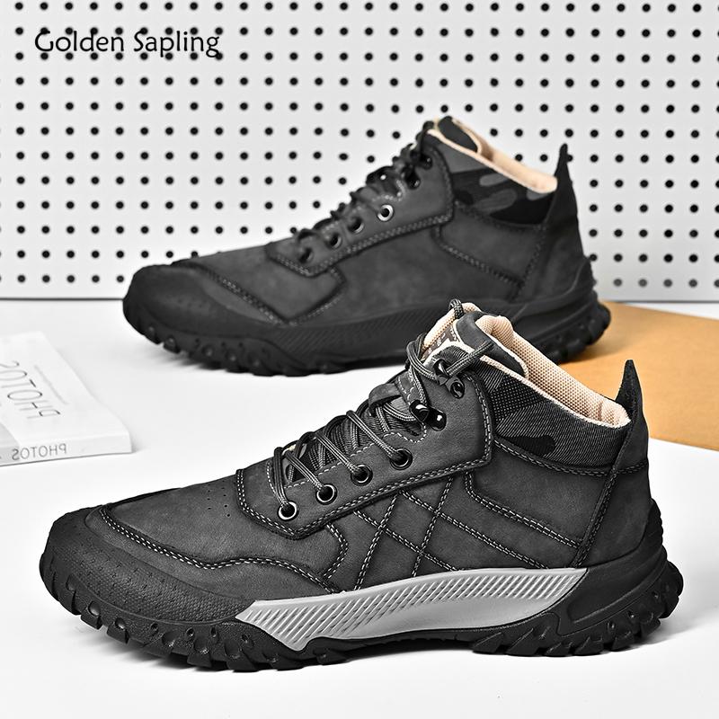 Golden Sapling Outdoor Shoes Men Genuine Leather Mountain Trekking Boots Men's Ankle Boot Retro Platform Flats Casual Work Shoe