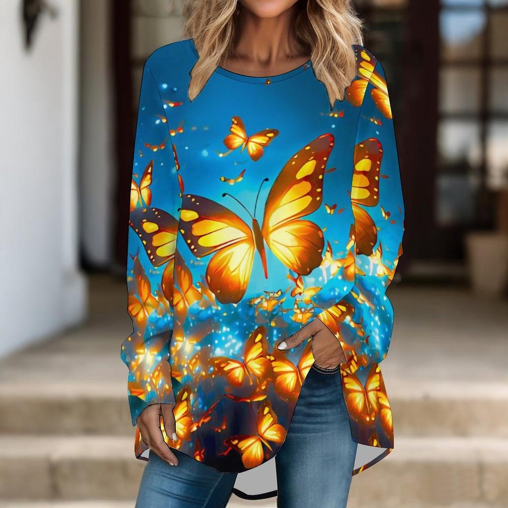 Women Long Sleeve Tunic Top Print Crew Neck Loose Fit Blouse With Pockets Casual Daily Wear Ladies Tops