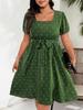 Plus Size Polka Dot Midi-Kleid mit quadratischem Ausschnitt, Puffärmeln und Schnürung am Rücken