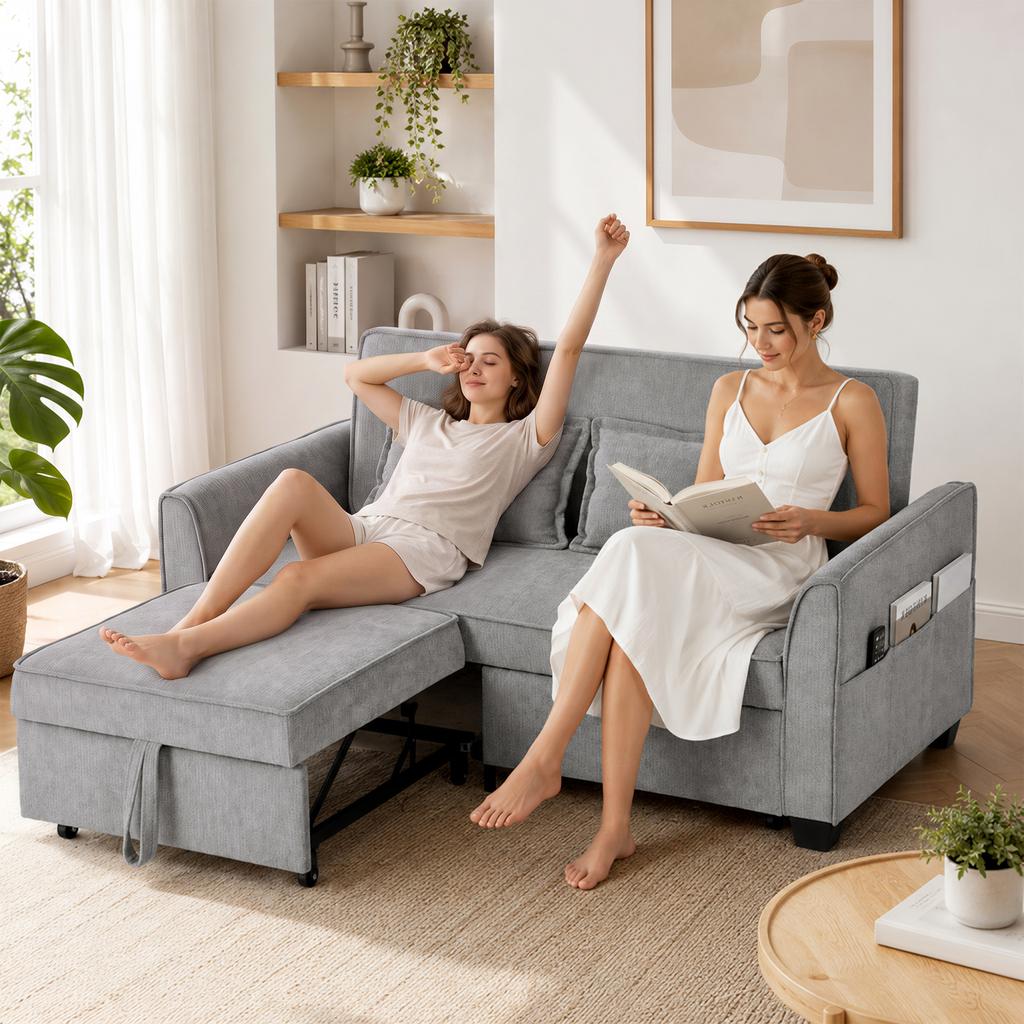 2 Seater Sofa Bed 4 In 1 L Shaped Pull Out Sofa With Adjustable Backrest And Side Pockets Gray