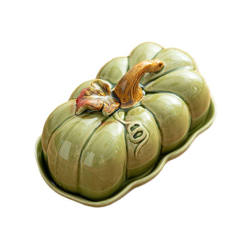 Su-style Green Ceramic Pumpkin Dish for Bread, Cake, Snacks, and Candy