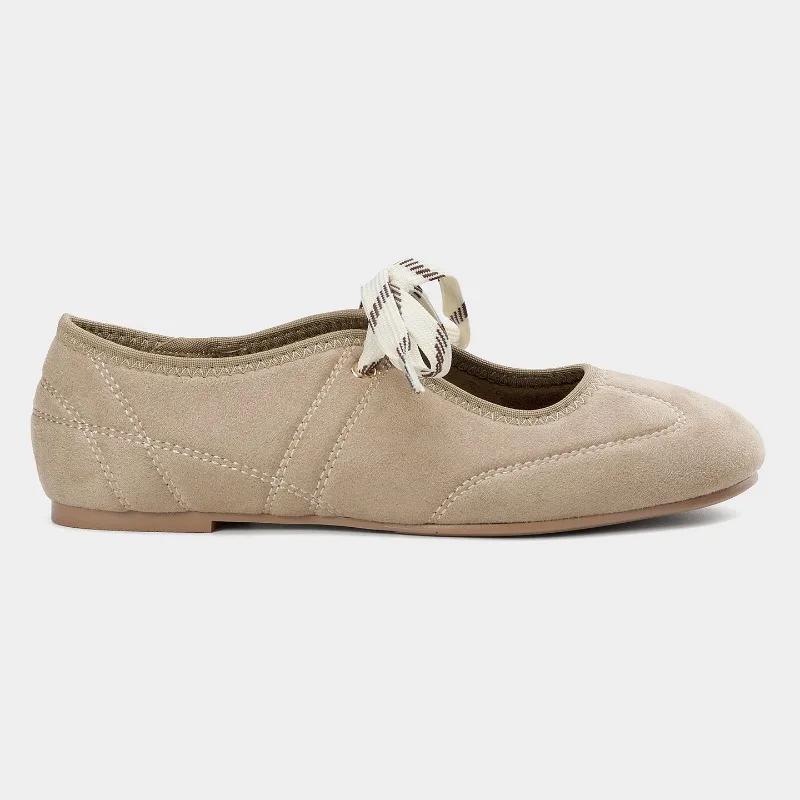 Fashion Round Toe Ballet Flats Women Lace-up Faux Suede Shallow Concise Soft Sole Mary Jane Shoes Women Casual Brand Shoes