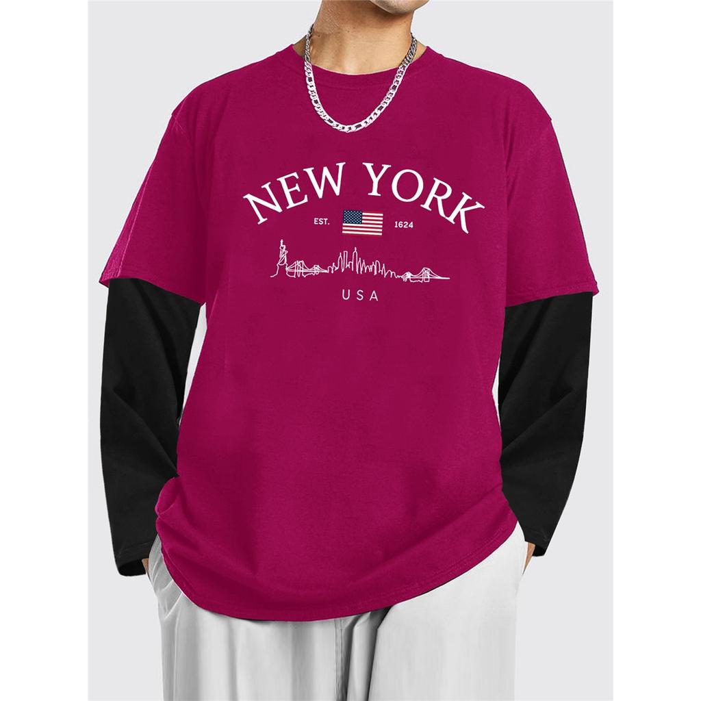 New York Letter Fashion Print Graphic Men's Spring Color Block Long Sleeve T-Shirt