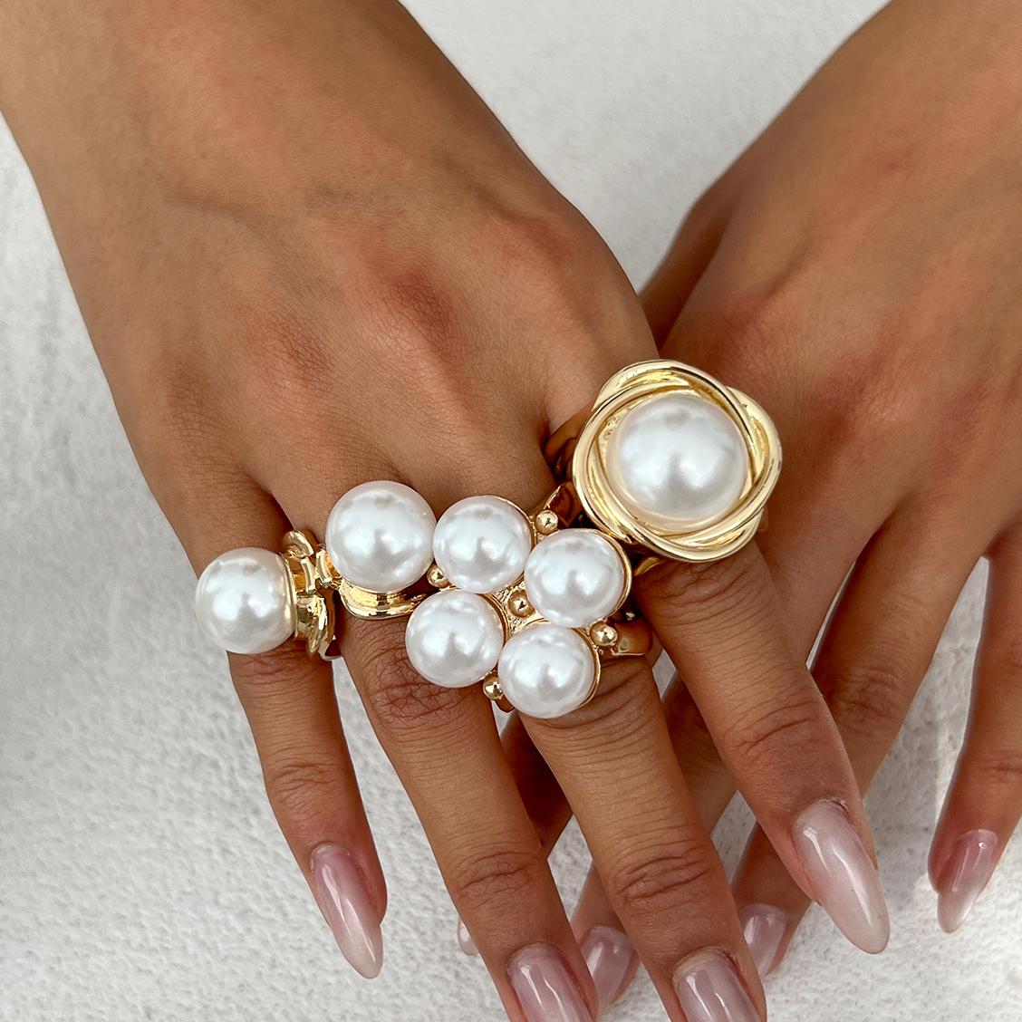 

Ingemark 3Pcs/Set Elegant Imitation Pearl Open Ring for Women Wedding Bridal Creative Geometric Ring Engagement Party Jewelry
