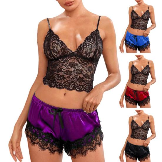 Women Pajama Set Lace Pajama Top Satin Shorts with Black Silk Bow And Lace Trim Sexy Lace Camisole Set for Women Home Sleepwear Gift