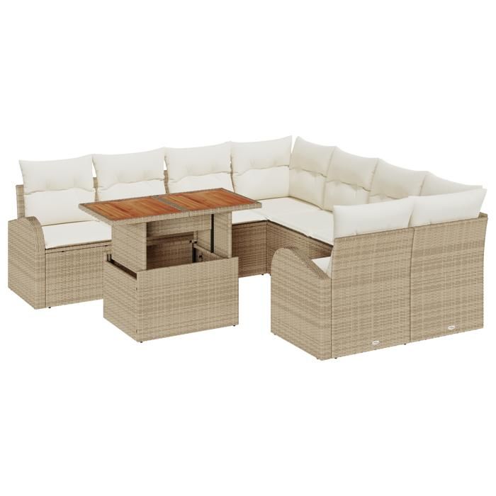 Ensemble de canapé de jardin 9 pièces avec coussins en poly rattan beige, Canapé de jardin deux places avec rangement 3358304