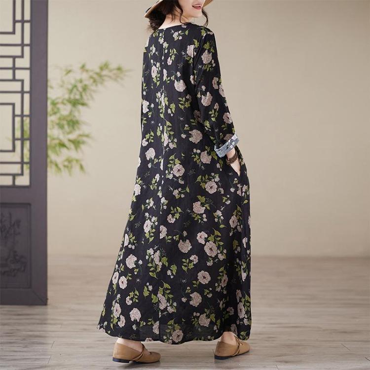 Summer Vintage Floral Linen Maxi Dress Long Loose Style Plus Size Women Lady Dress