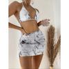 Women Marble Printed Mesh Three Piece Mini Skirt Bikini Swimwear