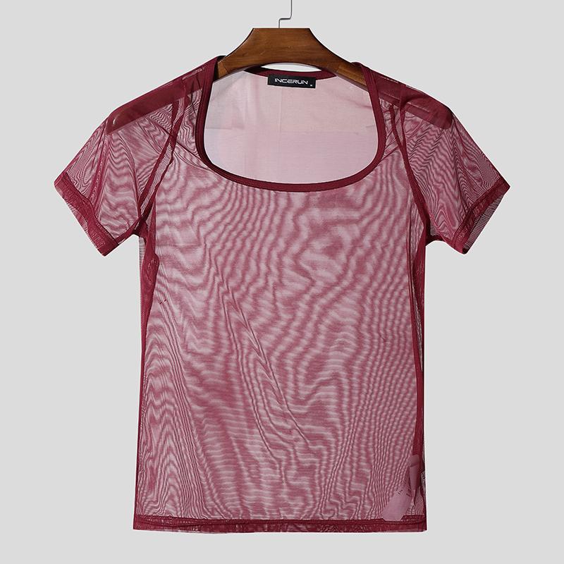 INCERUN Men Short Sleeve Mesh Sheer Sexy Party Club T-shirts Tops
