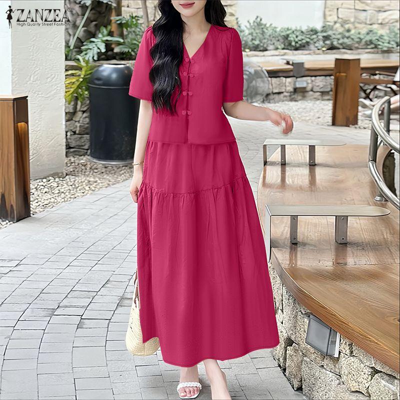 ZANZEA Women Short Sleeve Blouse and Long Skirts Summer Two Piece Suit Sets