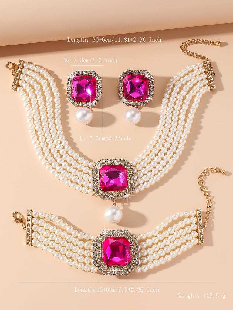 European Luxury Multi-Layer Faux Pearl & Crystal Jewelry Set – Necklace, Earrings, Bracelet - Colorful, Fashionable, and Exquisite Accessories