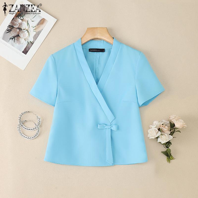 ZANZEA Women Casual V-Neck Summer Short Sleeve Blouse