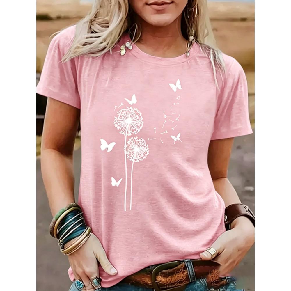 

Women s T-shirt - Dandelion print round neck short sleeved shirt XL