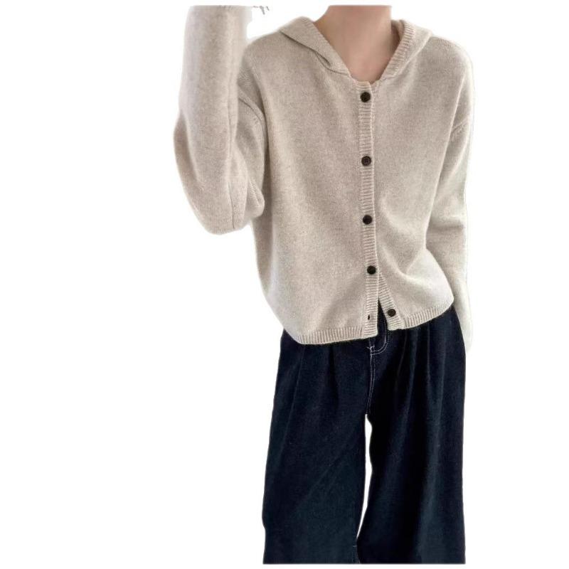 New autumn and winter simple retro hooded single-breasted knitted jacket women's plush casual knitted cardigan women's