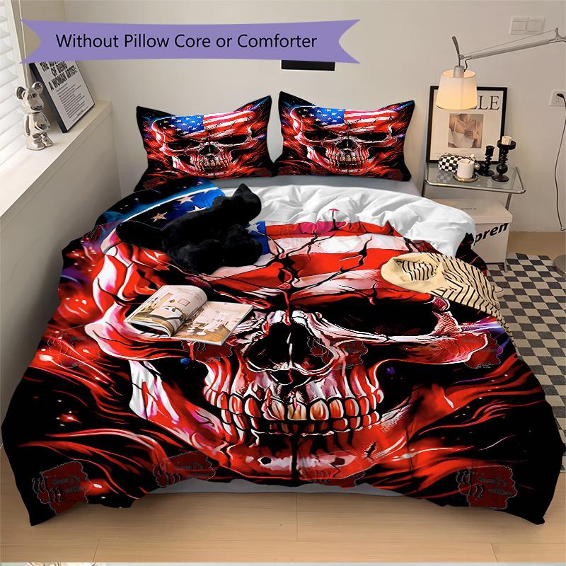 3pcs Skull with Flames Quilt Cover Set - Soft & Comfortable Polyester Fabric, All-Season Breathable Comforter Set For 1 Quilt Cover & 2 Pillowcas