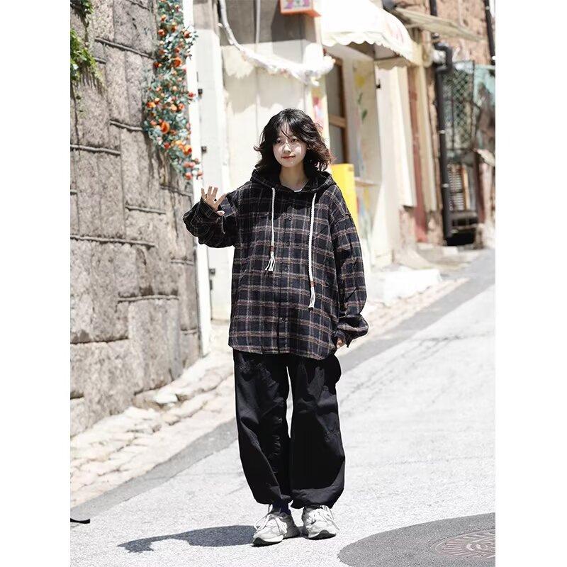 Άνοιξη και Φθινόπωρο Νέο Bsapa Ρετρό Πουκάμισο με Κουκούλα σε Καρό Ιαπωνικού Στυλ Ανδρικό Φαρδύ Μοντέρνο Πουκάμισο για Ζευγάρια Παλτό