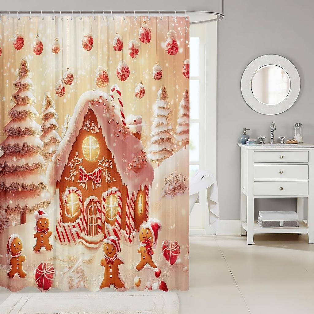 Cute Gingerbread House Christmas Shower Curtain with Xmas Tree Decorations,Festive Bathroom Accessories for Holiday Home Styling