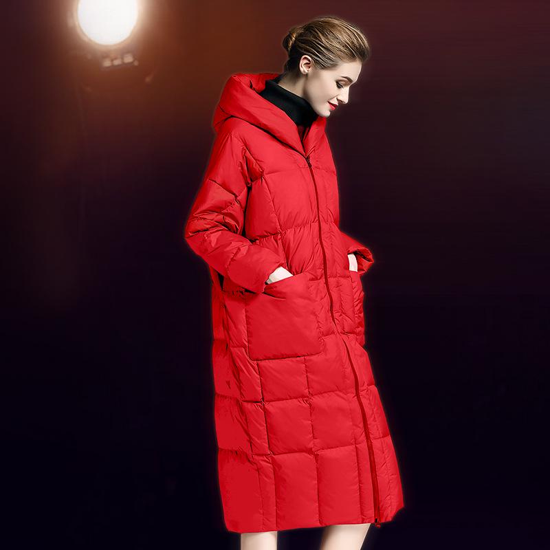 Women's Winter Europe Station Down Jacket Women's Long Over Knee Hooded Loose Thickened Long Slim Down Jacket Tide