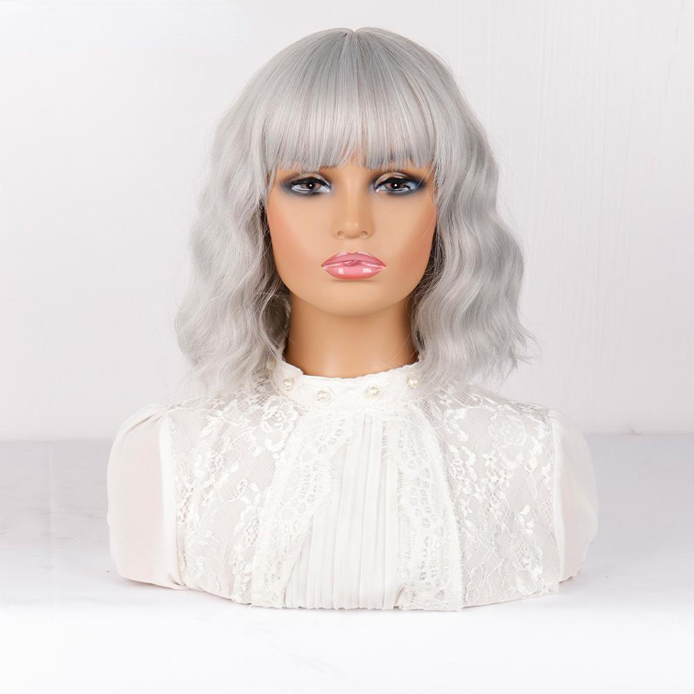 MISSQUEEN Cabelo curto ondulado com franja, cor natural, festa de feriado diária, fibra sintética, feminino