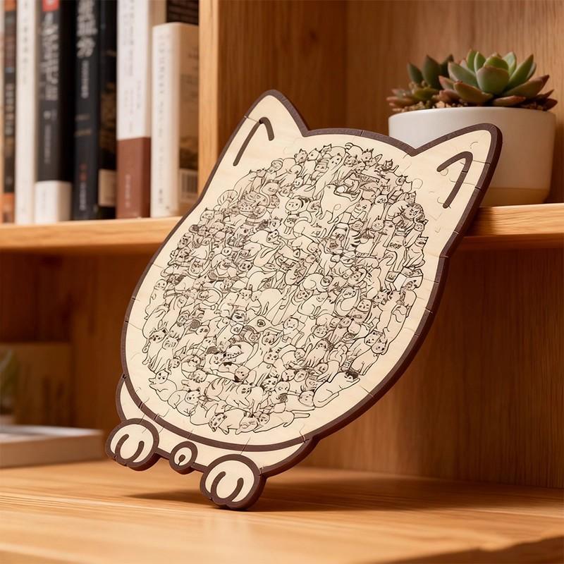 Cat Wooden Jigsaw Puzzle Irregular Shape Decompression Toy Unique Animal Puzzle with Frame Home Decor Gift for Adults Kids
