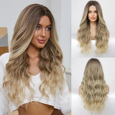 Perucas de renda longas e cacheadas, loiras, castanhas, ombré, sintéticas, para mulheres negras, corpo ondulado, cosplay, cabelo de renda resistente ao calor diário