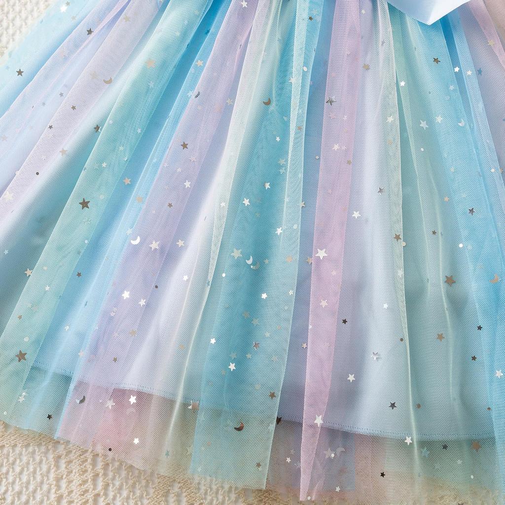 Mädchen Mode Flatterärmel Süßes Farbverlauf Mesh Prinzessinenkleid Kinder Geburtstags Kleider Kleider