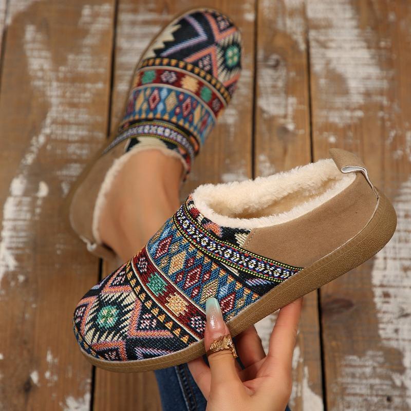 Plus-size Warm Cotton Shoes 2025 Winter New Fleece Color-blocking Ethnic Style Home Women's Shoes