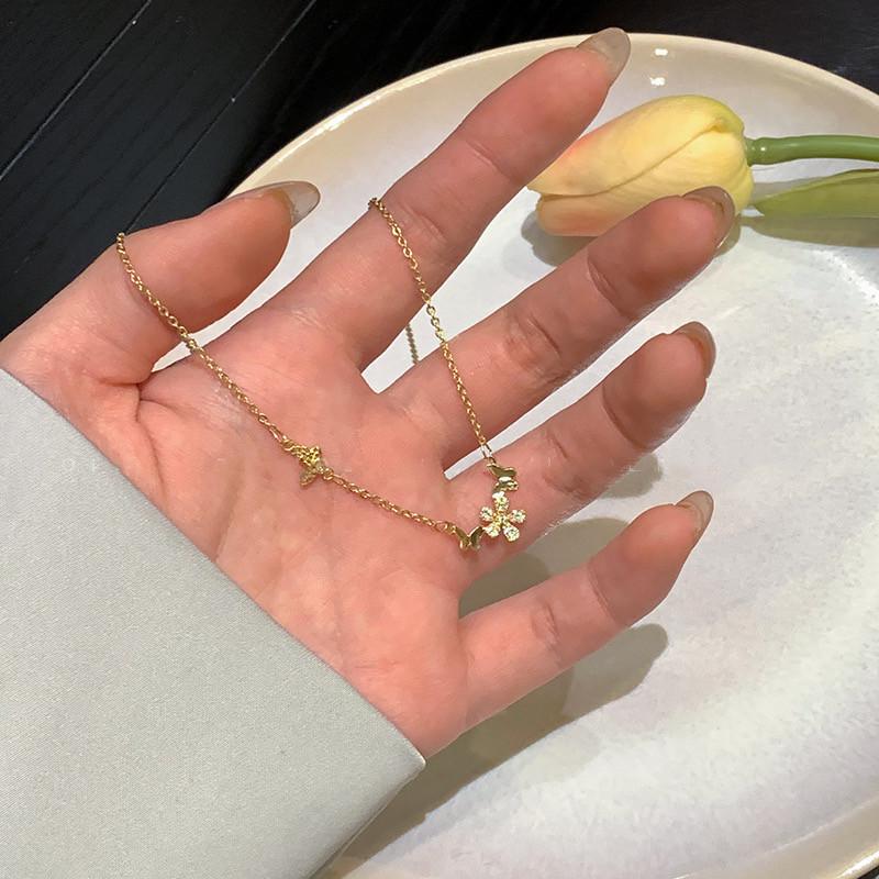 Korean Style Fairy Design Micro-Inlaid Diamond Flower & Butterfly Necklace - Women s Light Luxury Trend