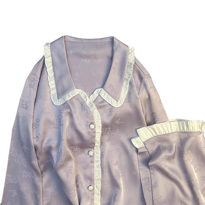 French Sweet Wind Floral Ice Silk Long-Sleeved Pajamas Women'S Spring And Autumn Ruffle Leaf Loungewear Set