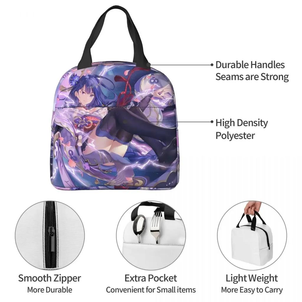 Cute Raiden Shogun Oxford Cloth Portable BagsGame Genshin Impact School Trip Lunch Hiking Debris Cooler Food Handbags