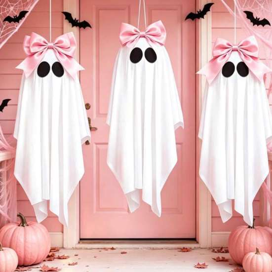 Sweet Cool Style Ghost Pendant Pink Bow Halloween Hanging Decoration, 31.5 Inch Cute Flying Creative Holiday Decor for Front Porch Yard Garden