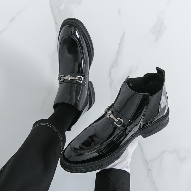 Men patent leather loafer Formal Business Ankle Boots Black Shoes High Boots Large Size