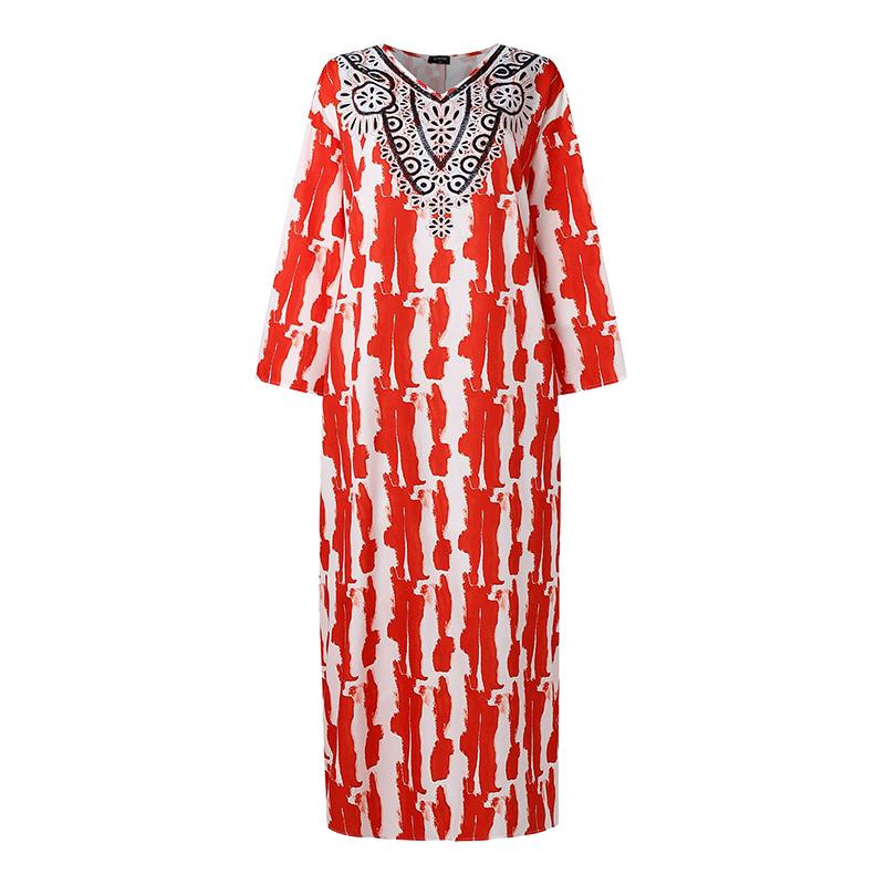 Oversized Women V Neck Long Sleeve Floral Print Casual Loose Maxi Kaftan Dress Robes