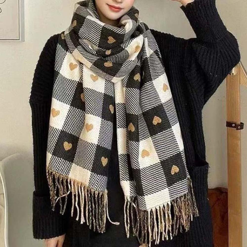 Warmer Plaid Knitted Scarf Long Tassel Shawl Gifts Heart Thickened Scarf  Winter