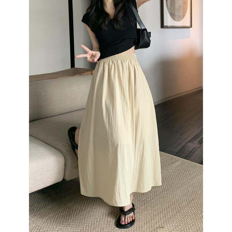 Pleated Mid-length Skirt for Women In Summer New Retro High Waist Slim Elastic Waist A-line Skirt Umbrella Skirt