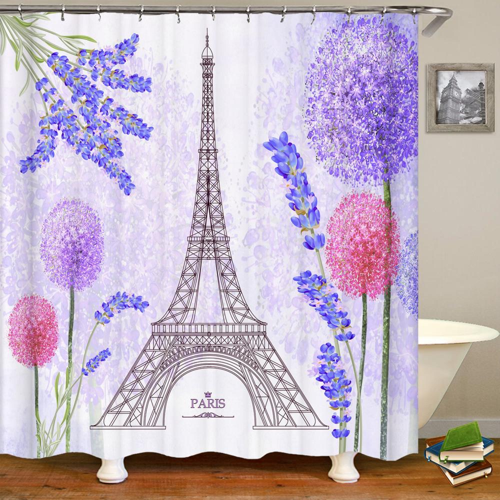 Nordic Style Landscape Paris Tower Fabric Shower Curtain Bathroom Curtains Waterproof Polyester Bath Screen with 12 Hooks