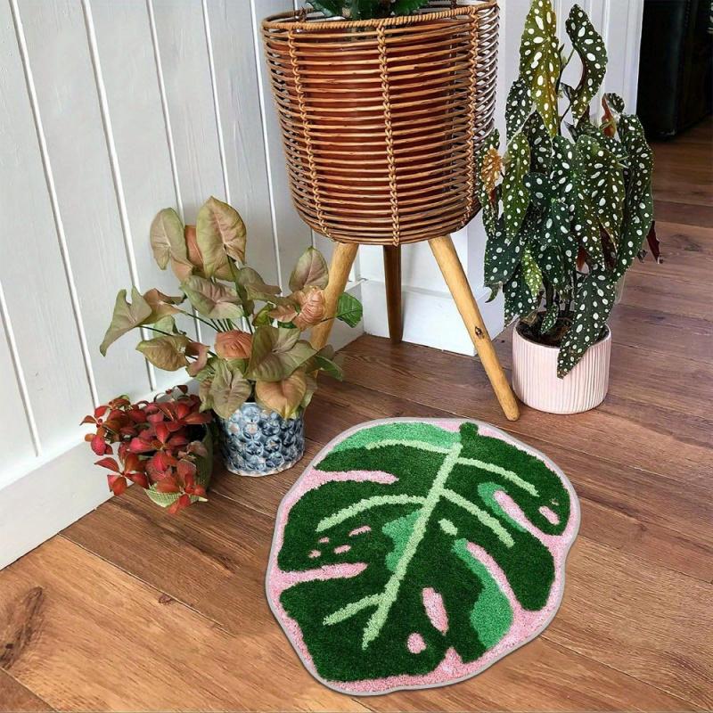 VIKAMA Pink Tropical Leaf Plush Carpet Irregular Shape Bedroom Bathroom Floor Mat Soft And Non-Slip Foot Mat Home Decoration