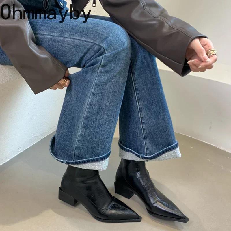 Fashion Pointed Toe Women Ankle Boots Fashion Thick Heel Slimming Short Booties Autumn Winter Soft Leather Female Shoes