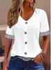 Women Short Sleeve V Neck Hollow Lace Trim Button T Shirt