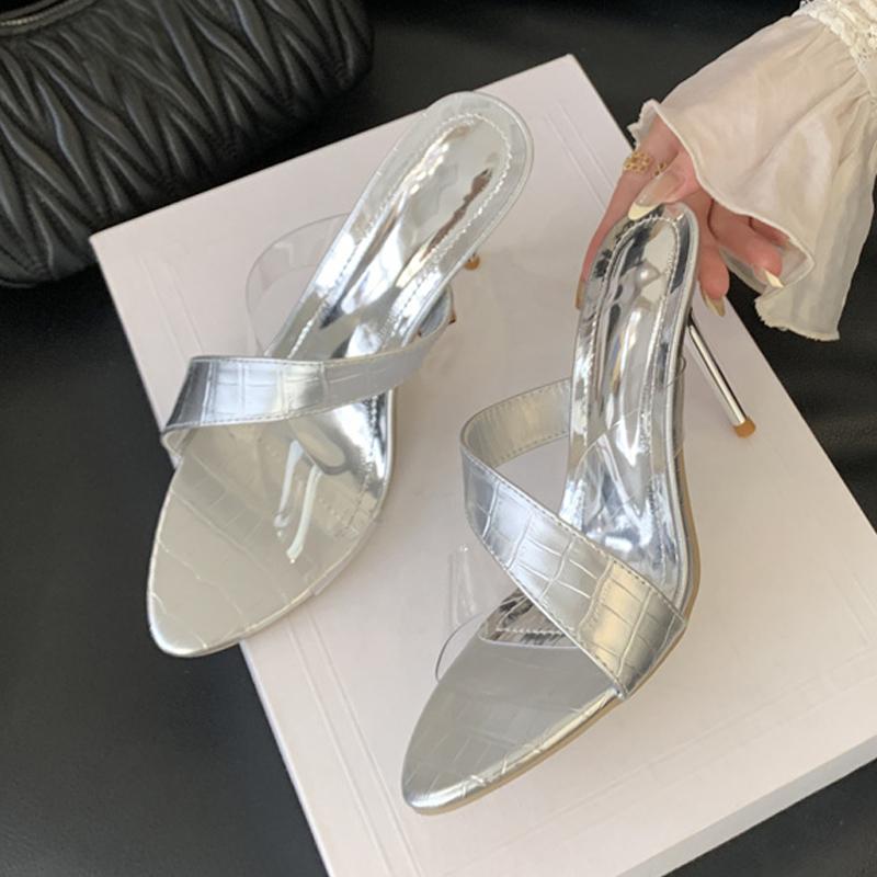 

Fashion Liyke Summer Fashion Open Toe Black High Heels Slippers For Woman PVC Leather Corss Narrow Band Ladies Party Dress Shoes Sandals 35 серебряный